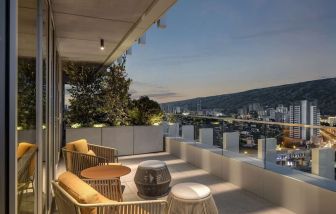 Outdoor terrace at Hilton Garden Inn Tbilisi Riverview.