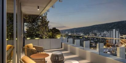 Outdoor terrace at Hilton Garden Inn Tbilisi Riverview.