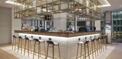 Bar and coworking space at Hilton Garden Inn Tbilisi Riverview.