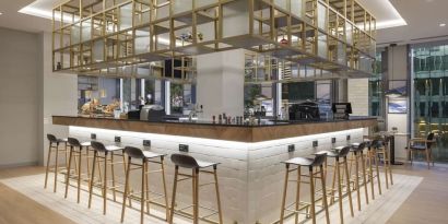 Bar and coworking space at Hilton Garden Inn Tbilisi Riverview.