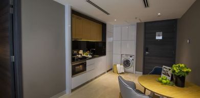 In-room kitchen at Fraser Place Puteri Harbour.