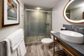 Guest bathroom with shower at Hotel Dena, Pasadena Los Angeles.