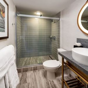 Guest bathroom with shower at Hotel Dena, Pasadena Los Angeles.