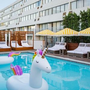 Fun in the sun in this stunning outdoor pool at Hotel Dena, Pasadena Los Angeles.