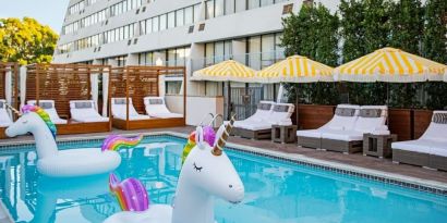 Fun in the sun in this stunning outdoor pool at Hotel Dena, Pasadena Los Angeles.