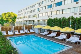 Relaxing outdoor pool with pool loungers at Hotel Dena, Pasadena Los Angeles.