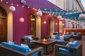 Coworking space, lounge, and fire pit at Hotel Dena, Pasadena Los Angeles.