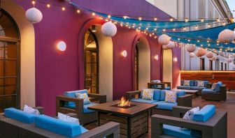 Coworking space, lounge, and fire pit at Hotel Dena, Pasadena Los Angeles.