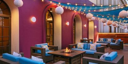 Coworking space, lounge, and fire pit at Hotel Dena, Pasadena Los Angeles.