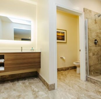 Guest bathroom with shower at Palace Inn Blue CityCentre.