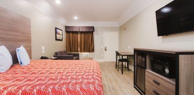 King bed with TV and work space at Palace Inn I-10 West & Beltway 8.