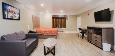 Spacious king room with TV and lounge at Palace Inn I-10 West & Beltway 8.