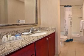 Guest bathroom with shower at Residence Inn Boston Tewksbury.
