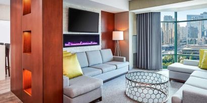 Lounge and coworking space at Novotel Toronto North York.