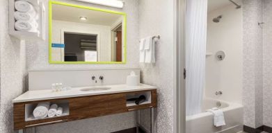 Guest bathroom with shower at Hampton Inn & Suites Miami Kendall. 