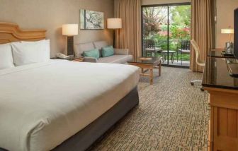 Bright king bedroom with large window overlooking the patio at the DoubleTree by Hilton Sonoma Wine Country.