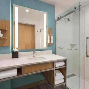 Guest bathroom with shower at Hilton Garden Inn Nashville West End Avenue.