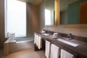 Guest bathroom with bath at Hilton Garden Inn Monterrey Airport, Nuevo Leon, Mexico.