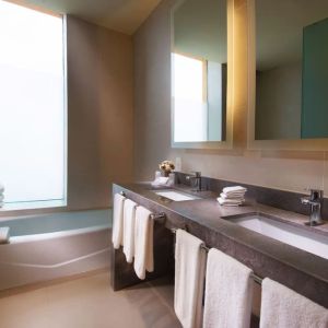 Guest bathroom with bath at Hilton Garden Inn Monterrey Airport, Nuevo Leon, Mexico.