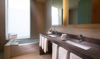 Guest bathroom with bath at Hilton Garden Inn Monterrey Airport, Nuevo Leon, Mexico.