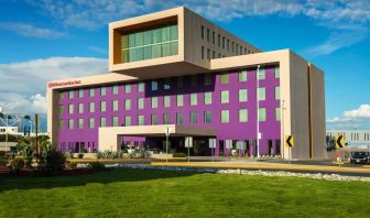 Hotel exterior and parking at Hilton Garden Inn Monterrey Airport, Nuevo Leon, Mexico.