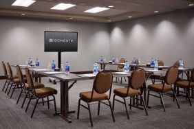 Hotel meeting room, with large table, seating for around 10 attendees, and a large widescreen television.