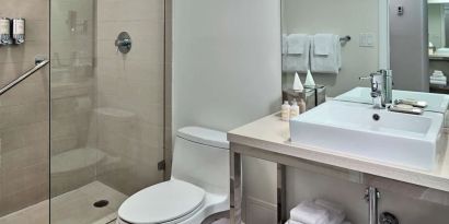 Guest bathroom with shower at Sonesta Fort Lauderdale Beach.