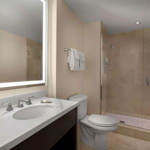 Guest bathroom with shower at The Chase Park Plaza Royal Sonesta St. Louis.