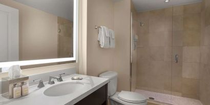 Guest bathroom with shower at The Chase Park Plaza Royal Sonesta St. Louis.