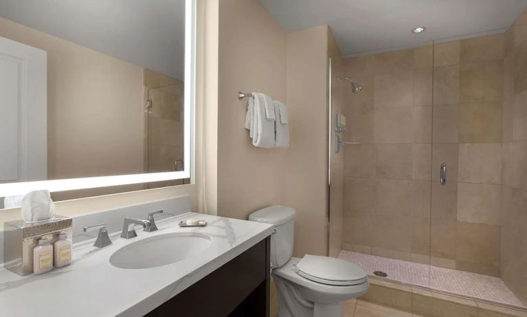 Guest bathroom with shower at The Chase Park Plaza Royal Sonesta St. Louis.