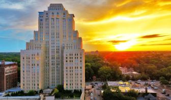 Hotel exterior at sunset at The Chase Park Plaza Royal Sonesta St. Louis.