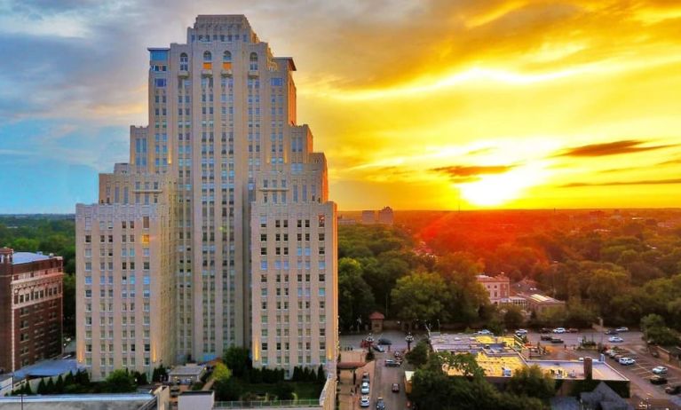 Hotel exterior at sunset at The Chase Park Plaza Royal Sonesta St. Louis.