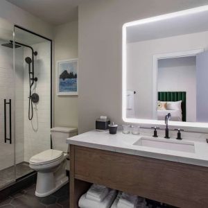 Guest bathroom with shower at Royal Sonesta Chicago Downtown. 