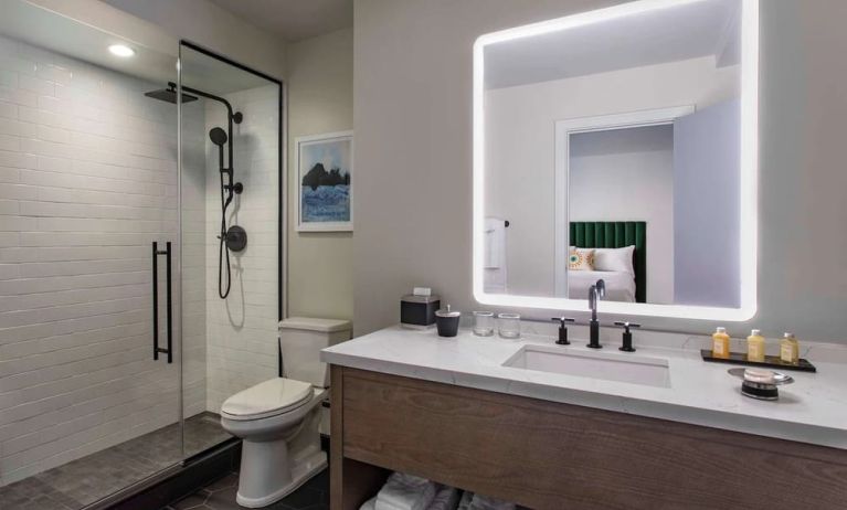 Guest bathroom with shower at Royal Sonesta Chicago Downtown. 