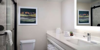 Guest bathroom with shower at Sonesta Irvine.