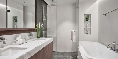 Guest bathroom with shower at Fraser Suites Sukhumvit, Bangkok.