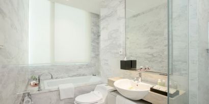 Guest bathroom at Fraser Residence Sudirman Jakarta.