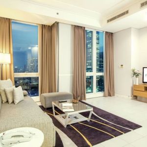 Day room with lounge area at Fraser Residence Sudirman Jakarta.