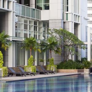 Luxurious outdoor pool at Fraser Residence Sudirman Jakarta.