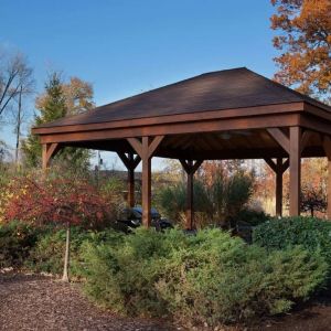 Outdoor terrace and garden at Sonesta Simply Suites Cleveland North Olmsted Airport.