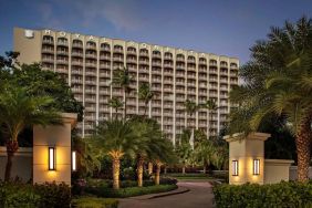 Hotel exterior at night at Royal Sonesta San Juan.