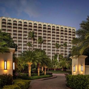 Hotel exterior at night at Royal Sonesta San Juan.