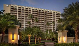 Hotel exterior at night at Royal Sonesta San Juan.