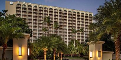 Hotel exterior at night at Royal Sonesta San Juan.