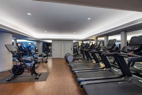 The hotel’s fitness center has both a range of exercise machines and racks of free weights.