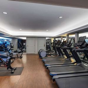 The hotel’s fitness center has both a range of exercise machines and racks of free weights.