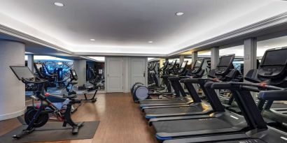 The hotel’s fitness center has both a range of exercise machines and racks of free weights.