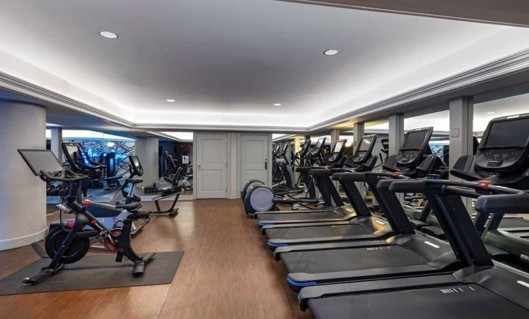 The hotel’s fitness center has both a range of exercise machines and racks of free weights.