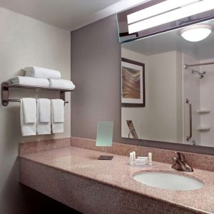 Guest bathroom with showre at Sonesta Select Atlanta Cumberland Galleria.