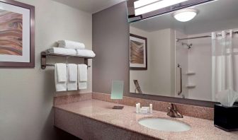 Guest bathroom with showre at Sonesta Select Atlanta Cumberland Galleria.